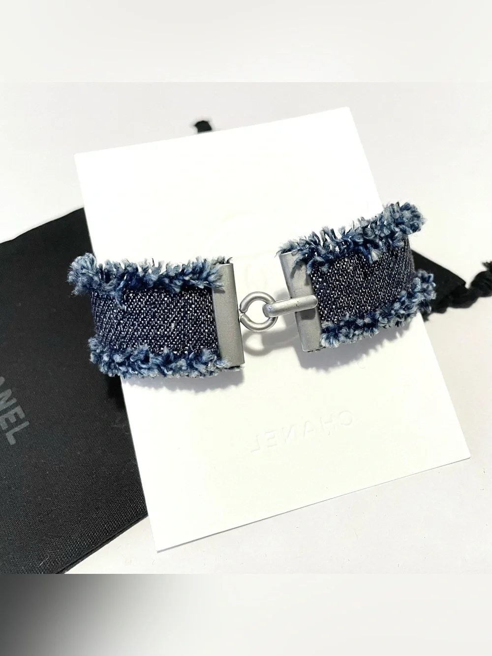 Authentic CHANEL Women Denim Wristband Leather Bangle With Hook - Worn Leather